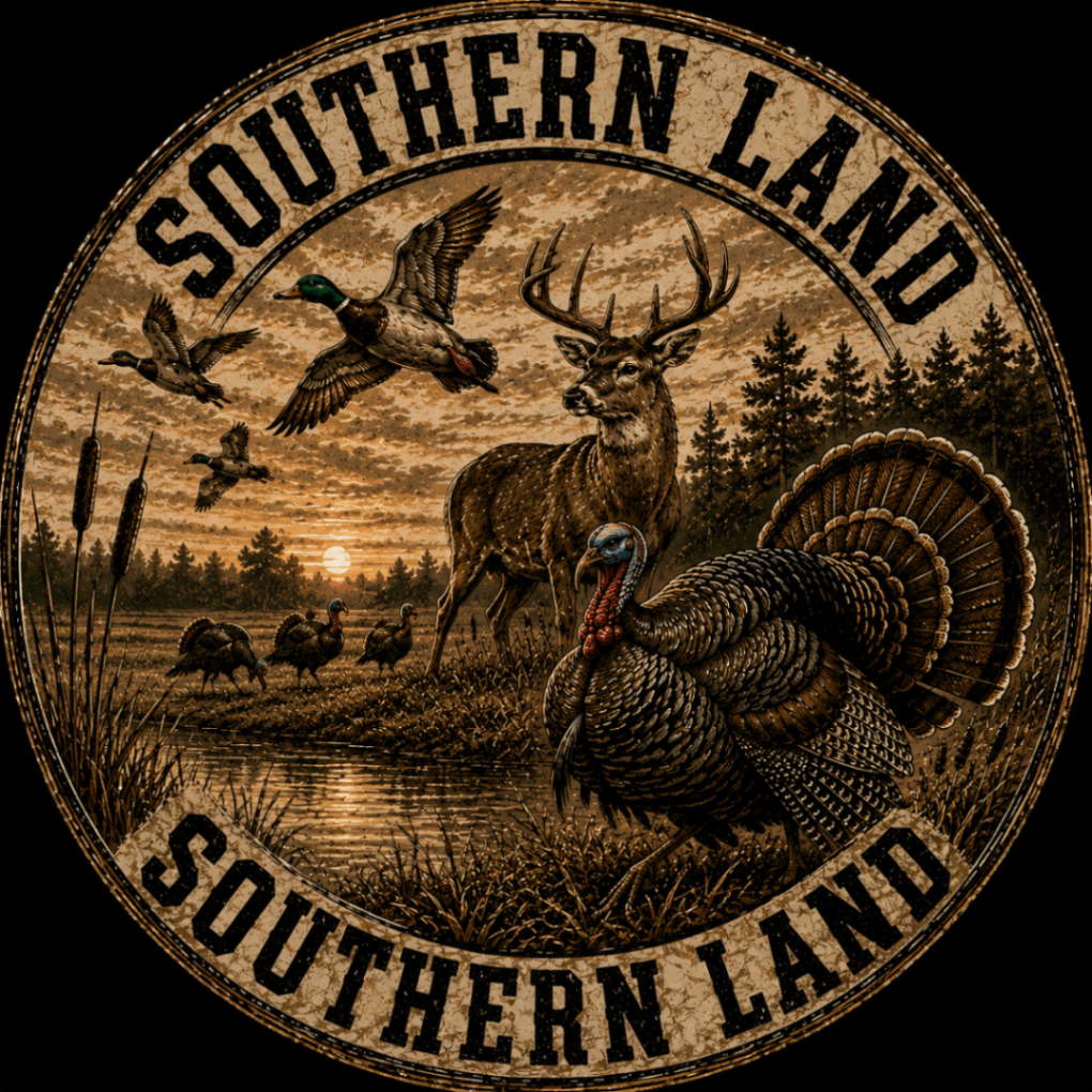 Southern Land seal: a buck, turkey and ducks against a Mississippi sunset